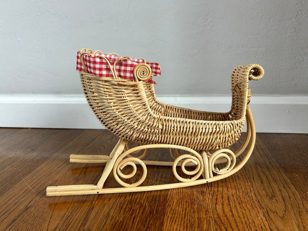 Vintage Wicker Rattan Sleigh Basket, Red Gingham Christmas Centerpiece